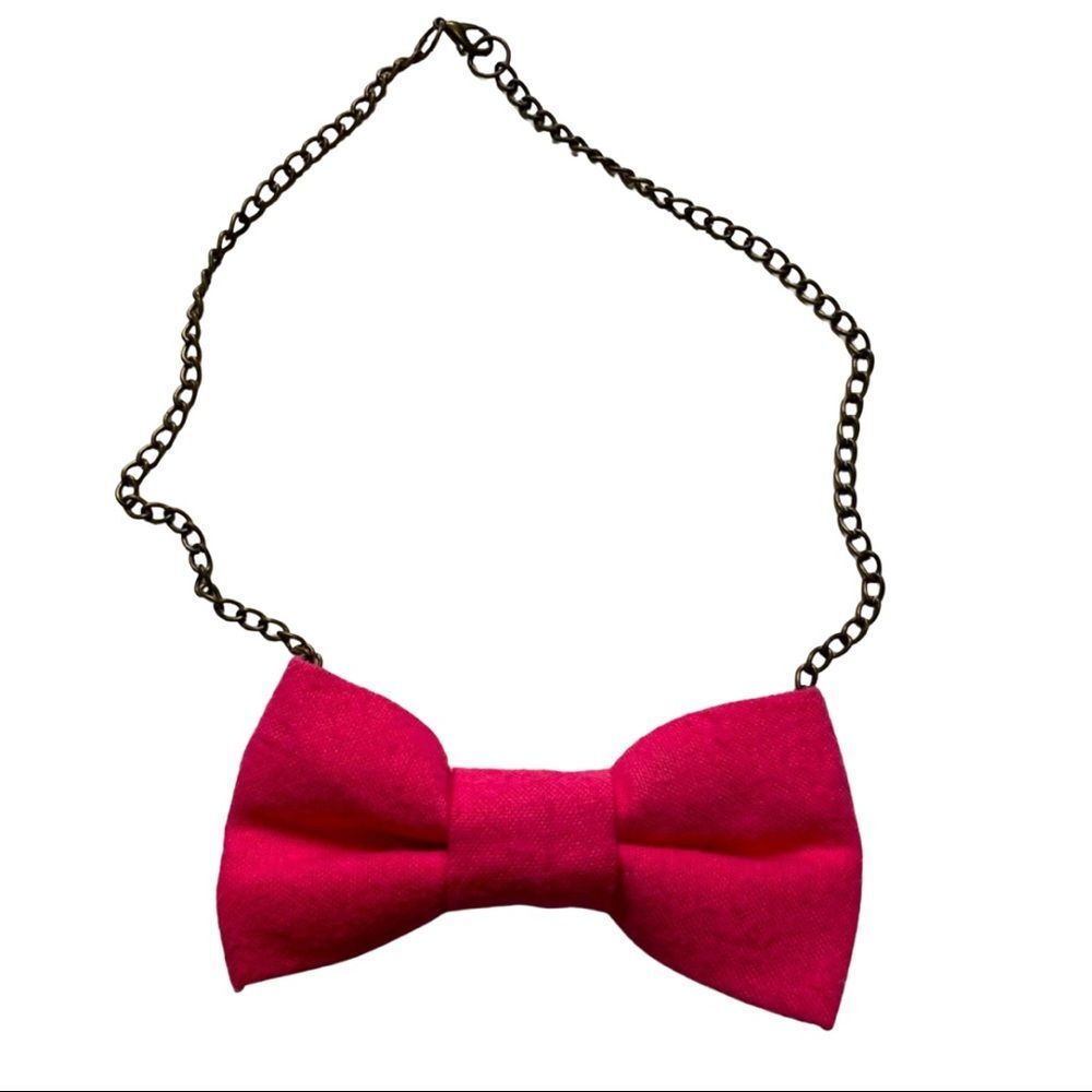 Girls Pink Cotton Fabric Peppercorn Kids Bow Tie on Adjustable Chain Necklace
